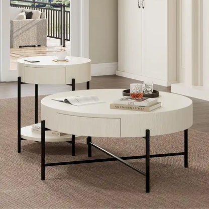 Round Coffee Table with with Two Drawers - Natural