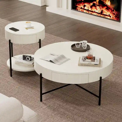 Round Coffee Table with with Two Drawers - Natural